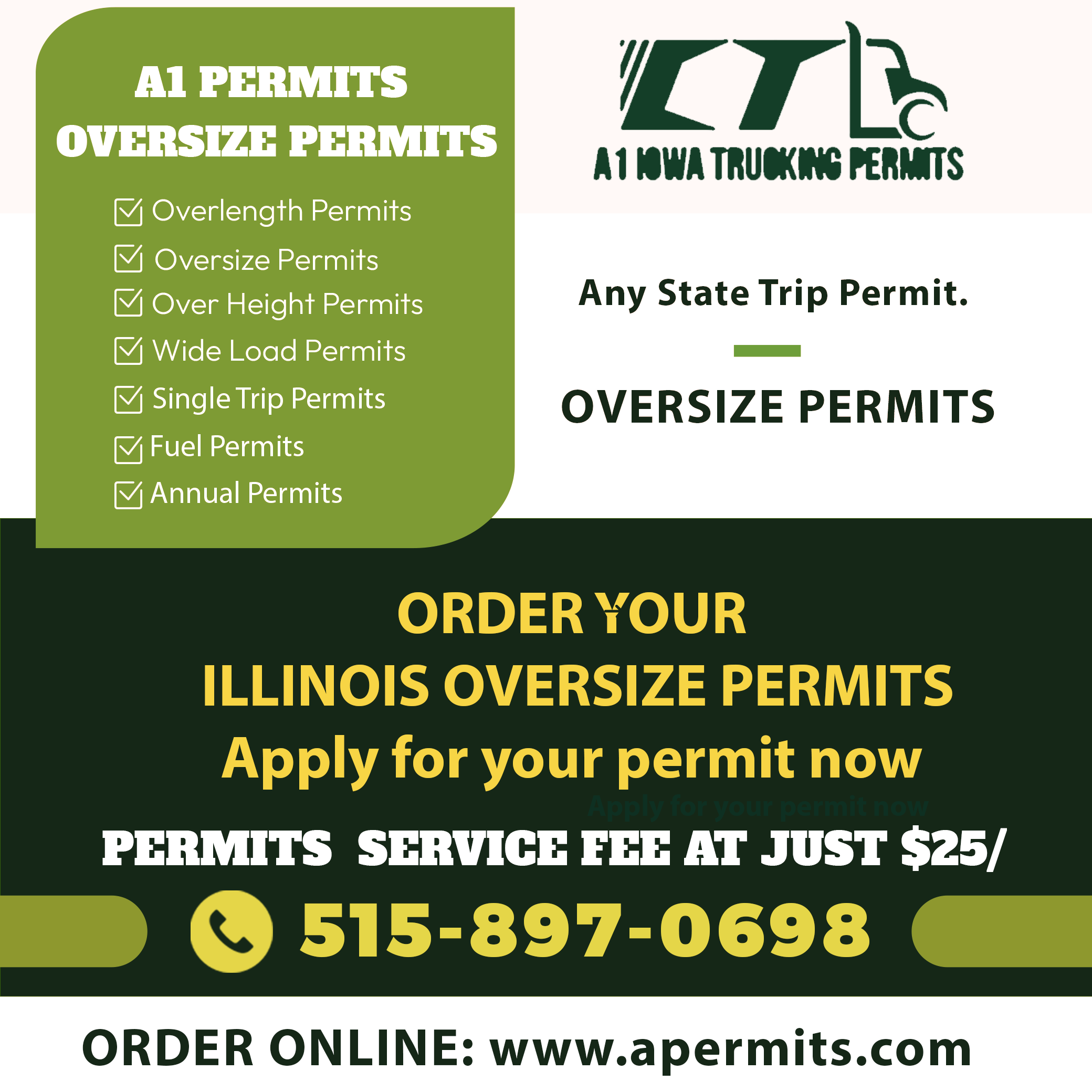 Get you Illinois Oversize Permits with A1 Trucking Permits - Call 515-897-0698.