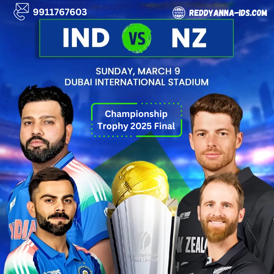 Epic Showdown with Reddy Book ID: India vs New Zealand in the 2025 ICC Champions Trophy Final at Dubai International Cricket Stadium.