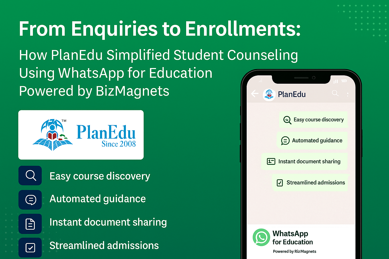 From Enquiries to Enrollments: How PlanEdu Simplified Student Counseling Using WhatsApp for Education Powered by BizMagnets