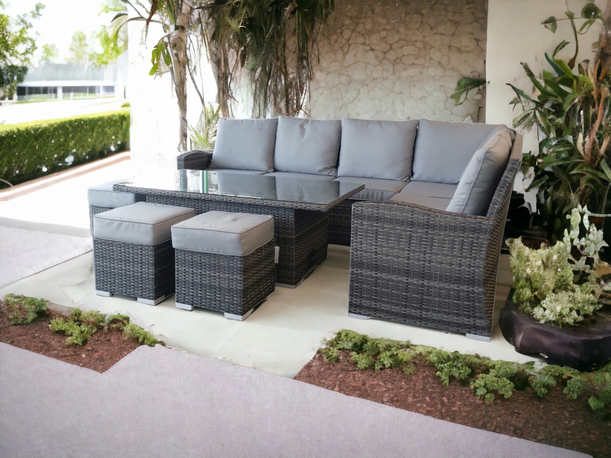 Modern Comfort with Rising Table and Rattan Corner Sofa
