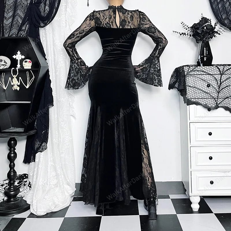 Gothic Vintage Lace Trumpet Dress - Walk After Dark