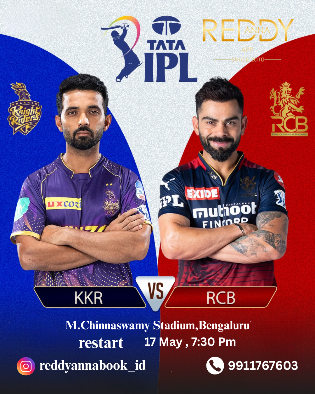 Royal Challengers Bengaluru vs Kolkata Knight Riders at M.Chinnaswamy Stadium with Reddy Anna club.
