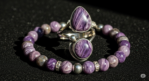 Transformative Charoite Gem Set: Expressive Ring & Bracelet For Soulful Stability