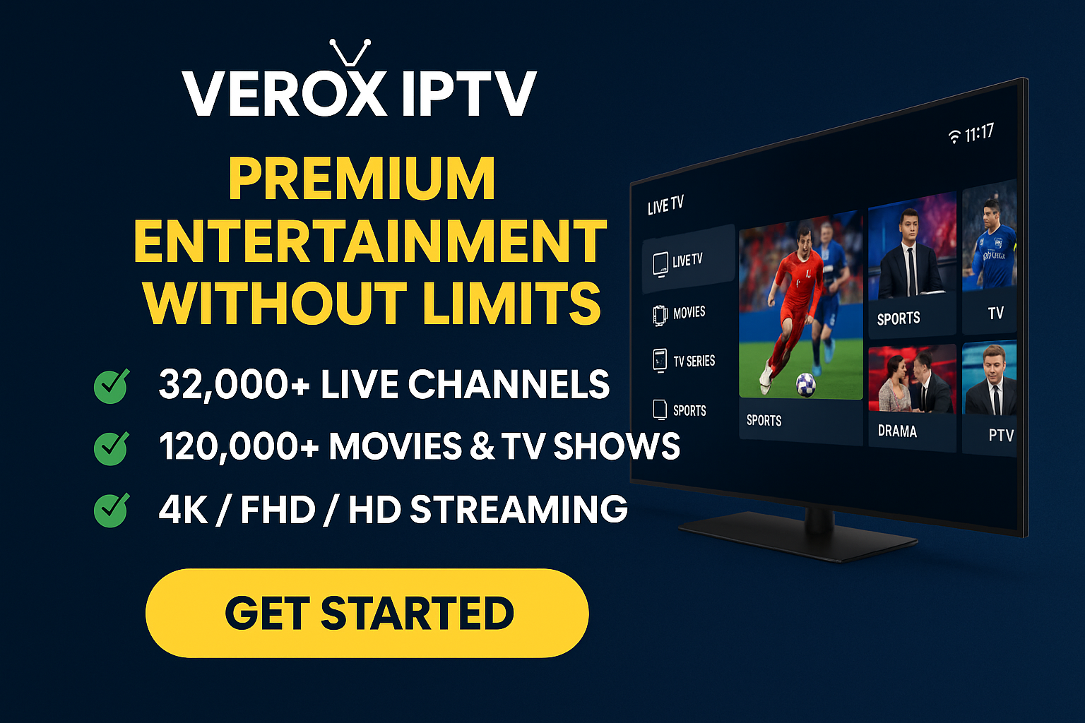 VEROX IPTV | 32,000+ Channels, 120K+ VODs, 4K Streaming | Instant Activation