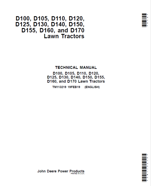 John Deere D100, D105, D110, D170 Lawn Tractor Repair Manual TM113219