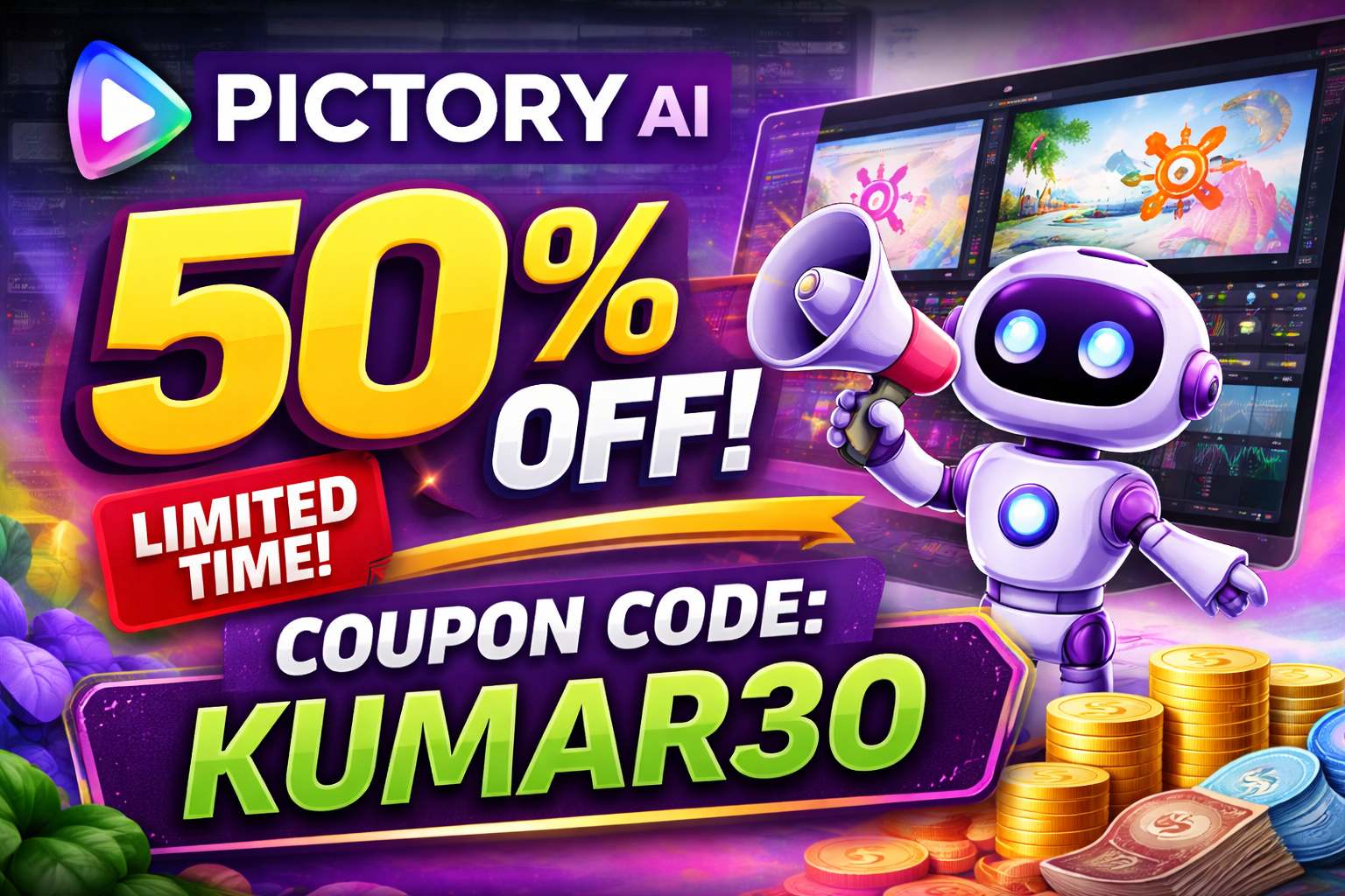 Pictory AI Coupon Code KUMAR30 – Flat 50% OFF for All Users (Limited Time Offer)