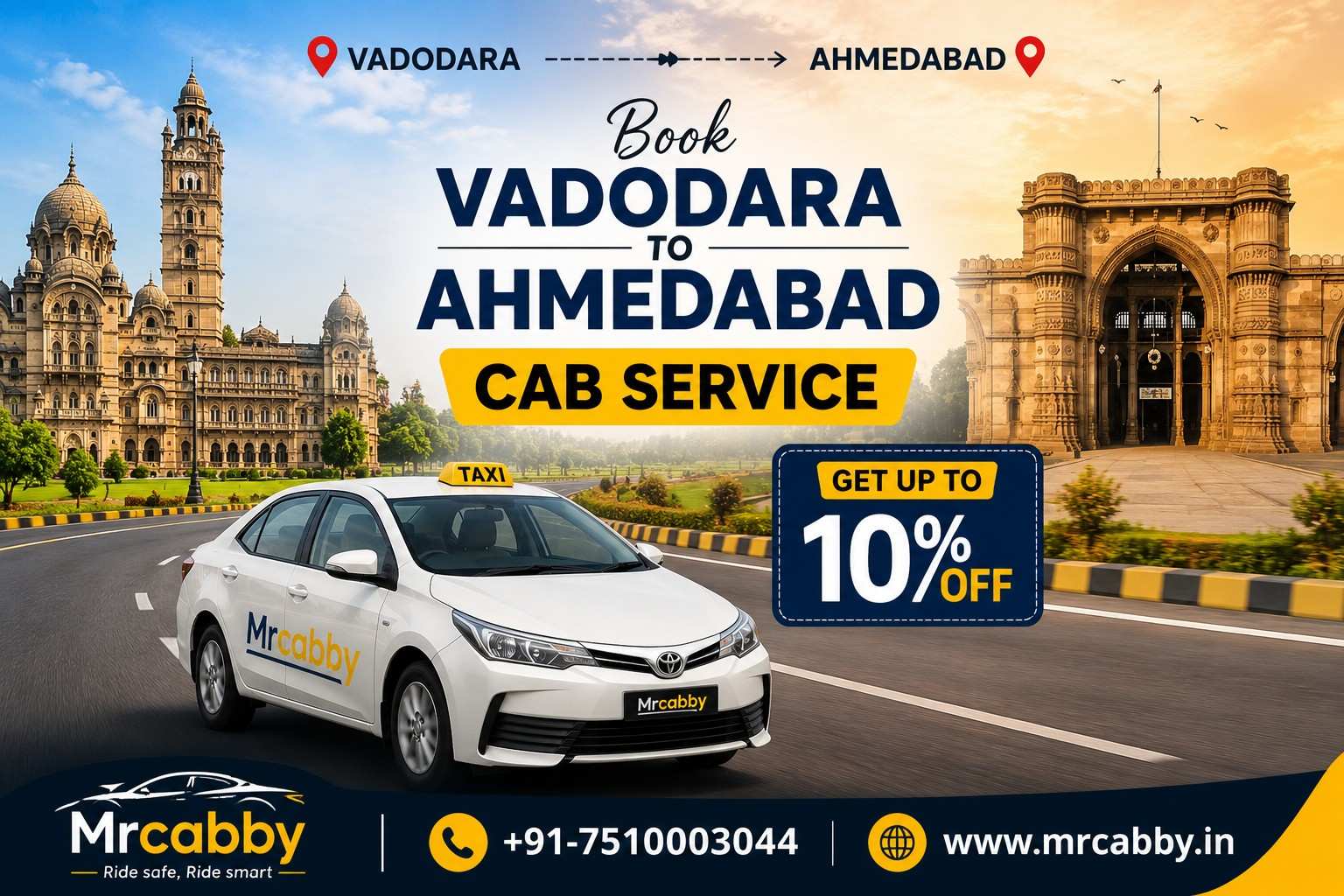 Premium Ride Taxi Service from Vadodara to Ahmedabad Available 24/7