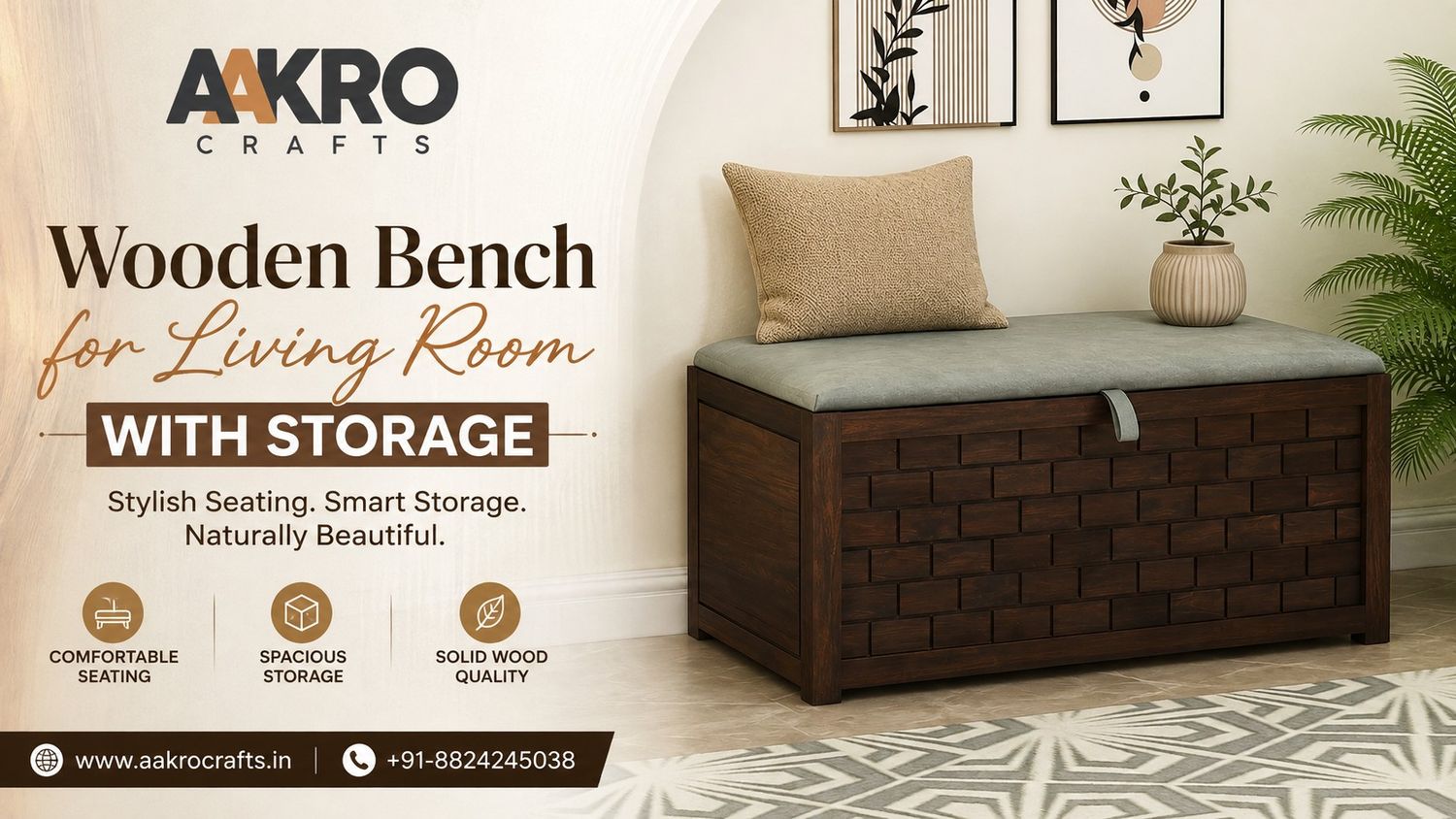 Wooden bench for living room with storage