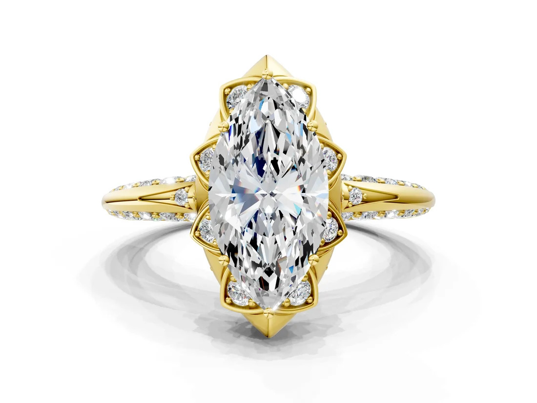 Yellow Gold Marquise Halo Split Shank Pave Diamond Ring with Petal Prong Setting: A Petal-Inspired Symphony of Sparkle