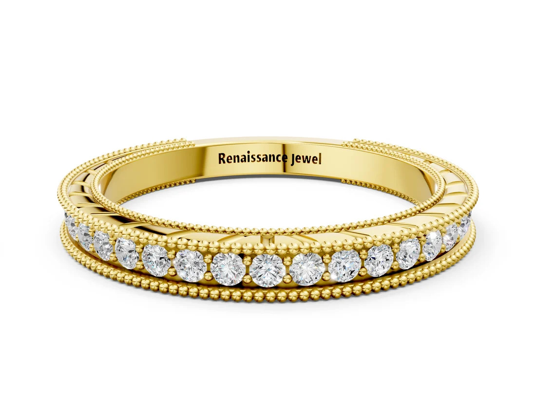 Yellow Gold Round Cut Diamond Milgrain Eternity Band with Channel Setting: A Love Letter to Old-World Craftsmanship