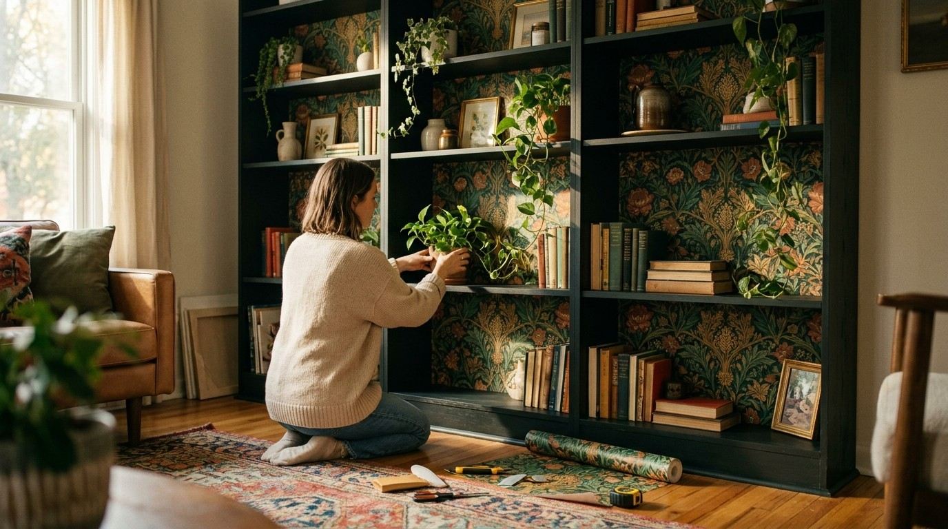 Shelf Wallpaper Ideas to Transform Boring Shelves in Small Spaces